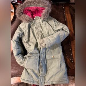 Kids Sage Green Parka with Faux Fur Hood